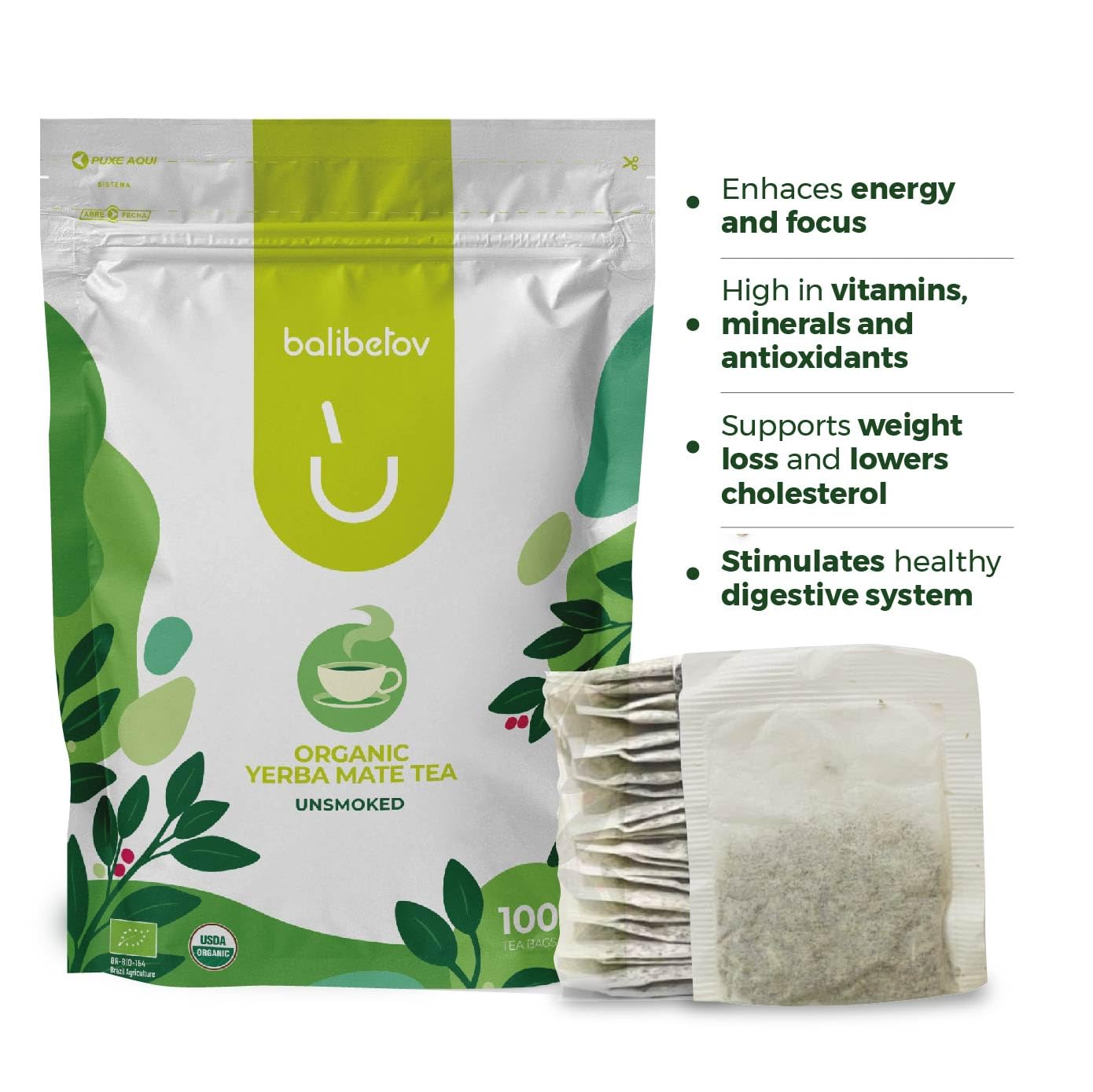 BALIBETOV Organic Unsmoked Yerba Mate Tea Bags – 100 Count, Traditional Cut, Clean Natural Energy, Gluten-Free & Vegan, Enjoy Hot or Cold