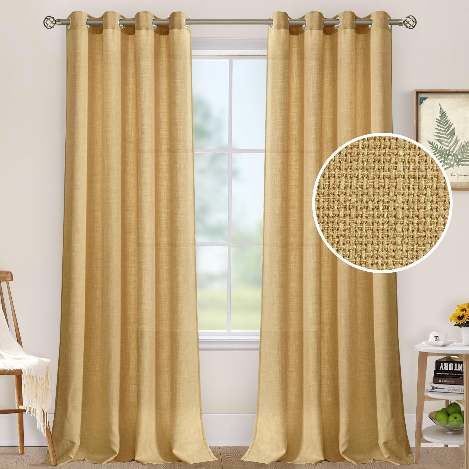 LAMIT Linen Curtains 95 Inch for Living Room, Grommet Thick Linen Textured Sheer Curtains Light Filtering Privacy Neutral Curtains for Bedroom, Set of 2 Panels, 52 x 95 Inch, Caramel Brown