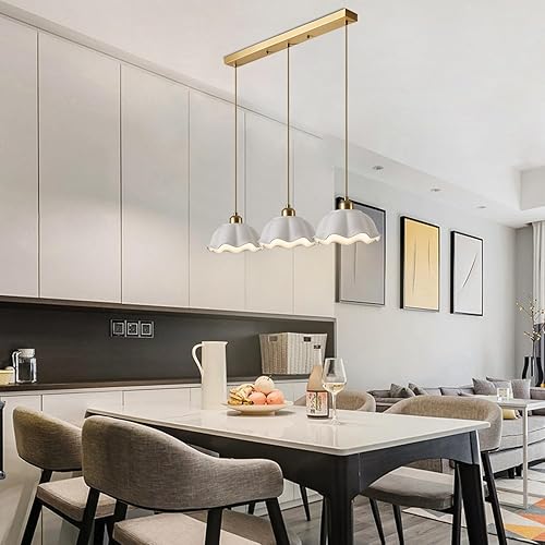 Miniatura 7 de Lámpara colgante colgante de 3 luces doradas para isla de cocina, luz de vidrio de leche vintage, onda blanca ajustable, lámpara de techo colgante