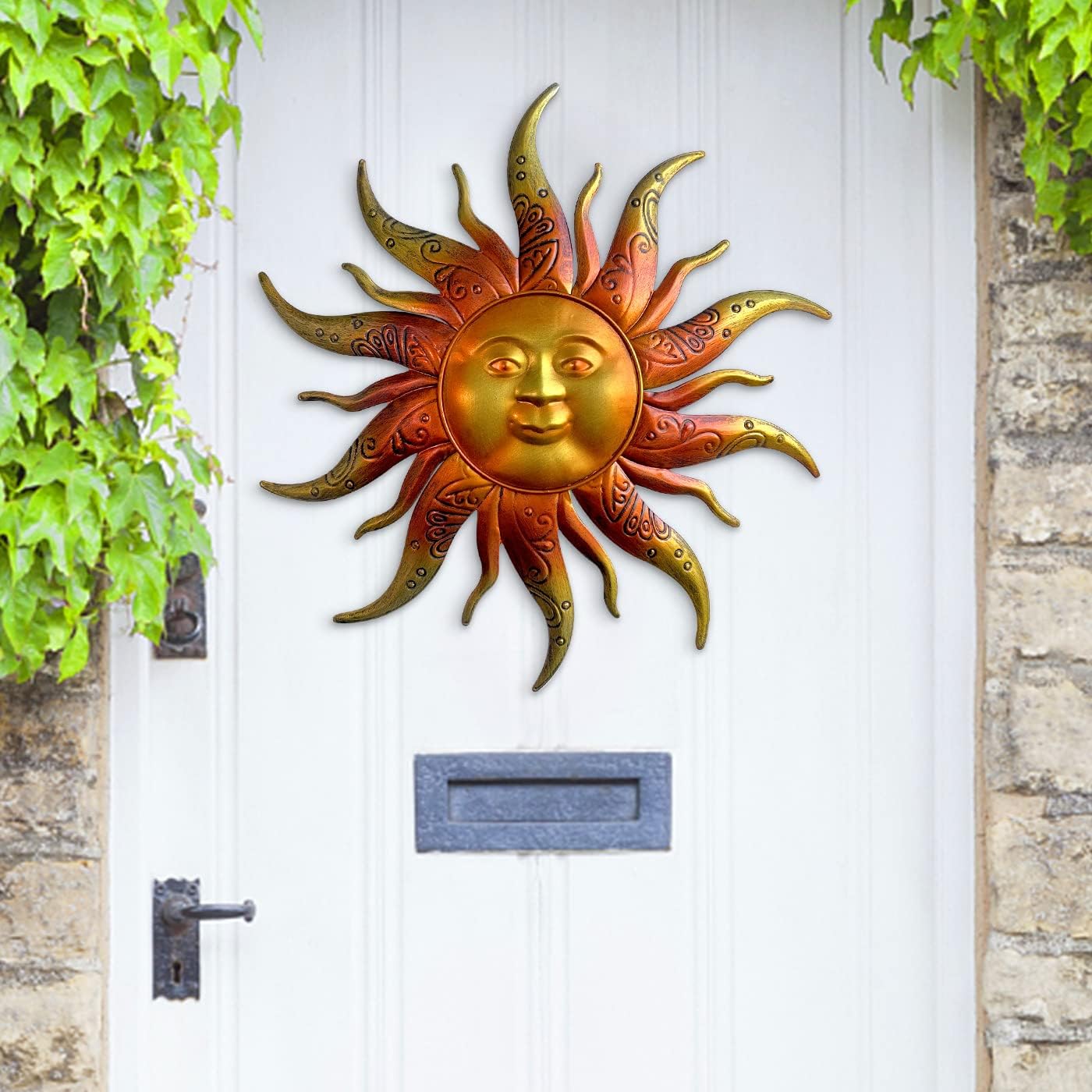 Daogtc Metal Sun Wall Art Decor-17.3 inches Rustic Retro Metal Sun Hanging Decoration for Indoor Outdoor,Metal Sun Art Sculpture for Home Garden Farmhouse Yard Patio Fence Living Room Bedroom(Gold)