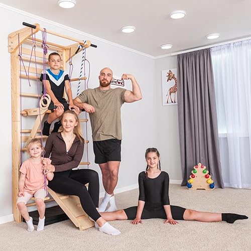 Miniatura 8 de Barras de pared de escalera sueca con barra de dominadas, barras de madera para gimnasio en casa con anillos de gimnasia, tobogán, columpio, cuerda