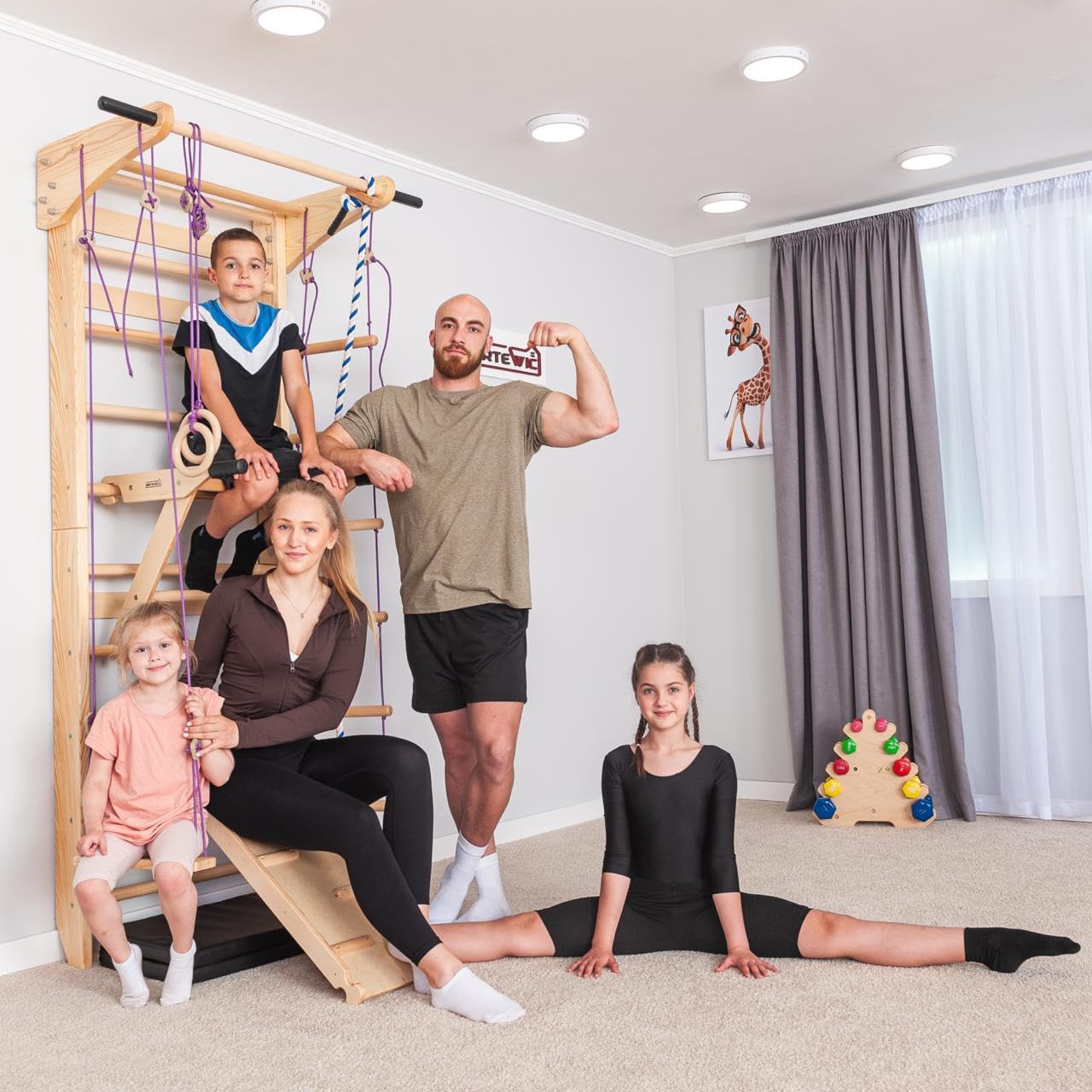 Sprossenwand Holz mit Rutsche & Schaukel - Indoor Klettergerüst für Kinder & Erwachsene - Turnwand mit Kletterbrett & Zubehör - Massiv bis 150kg (Beige)