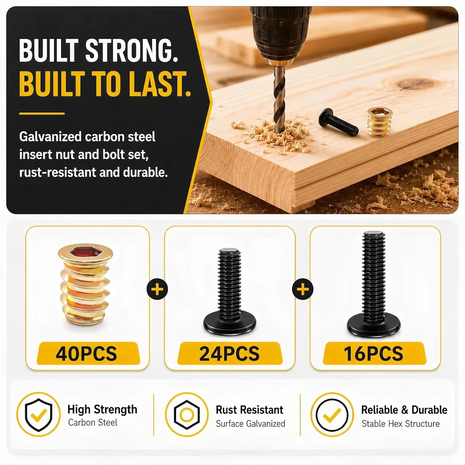 40PCS 1/4"-20x15mm Threaded Inserts for Wood with Bolts Kit