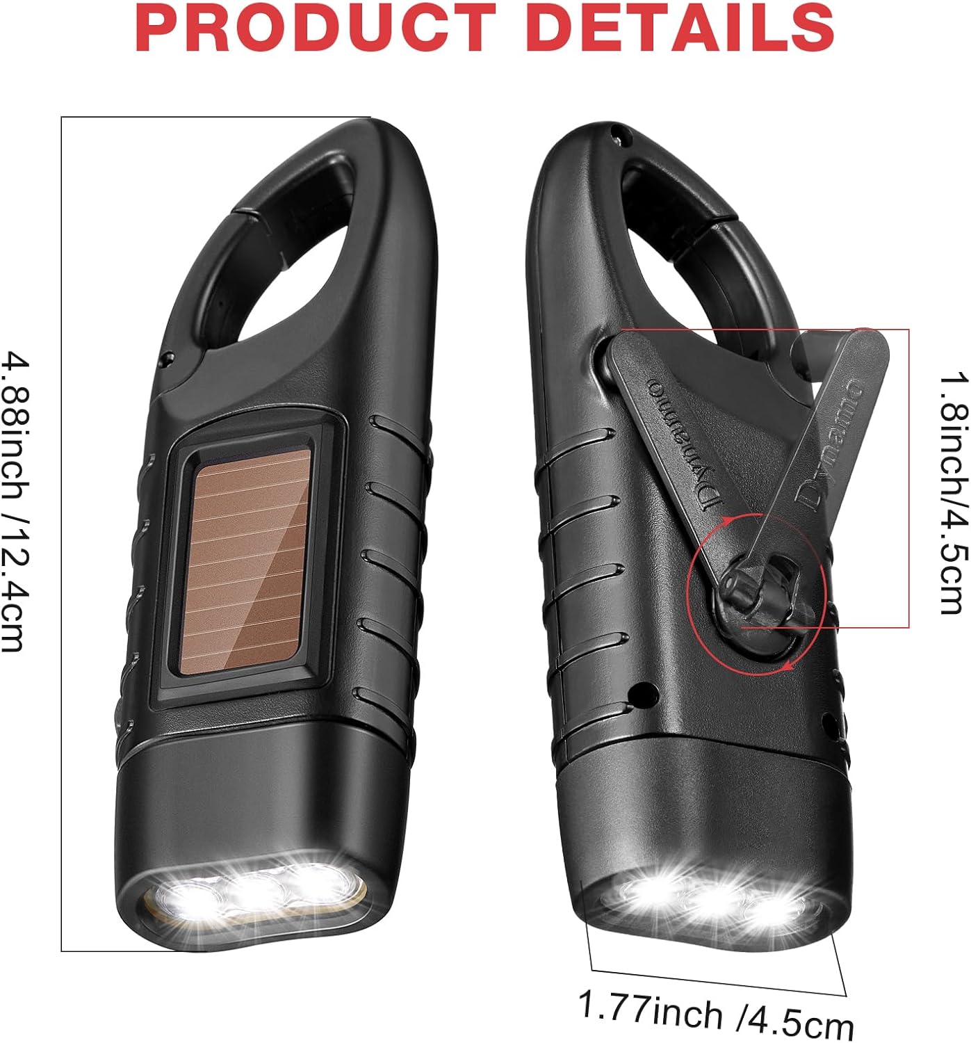 Mudder 4 Pack Hand Crank Solar Powered Flashlight Emergency Rechargeable Led Flashlight Survival Gear Self Powered Charging Torch for Hiking Backpack Camping Safety Emergency Pack (Black, Red)