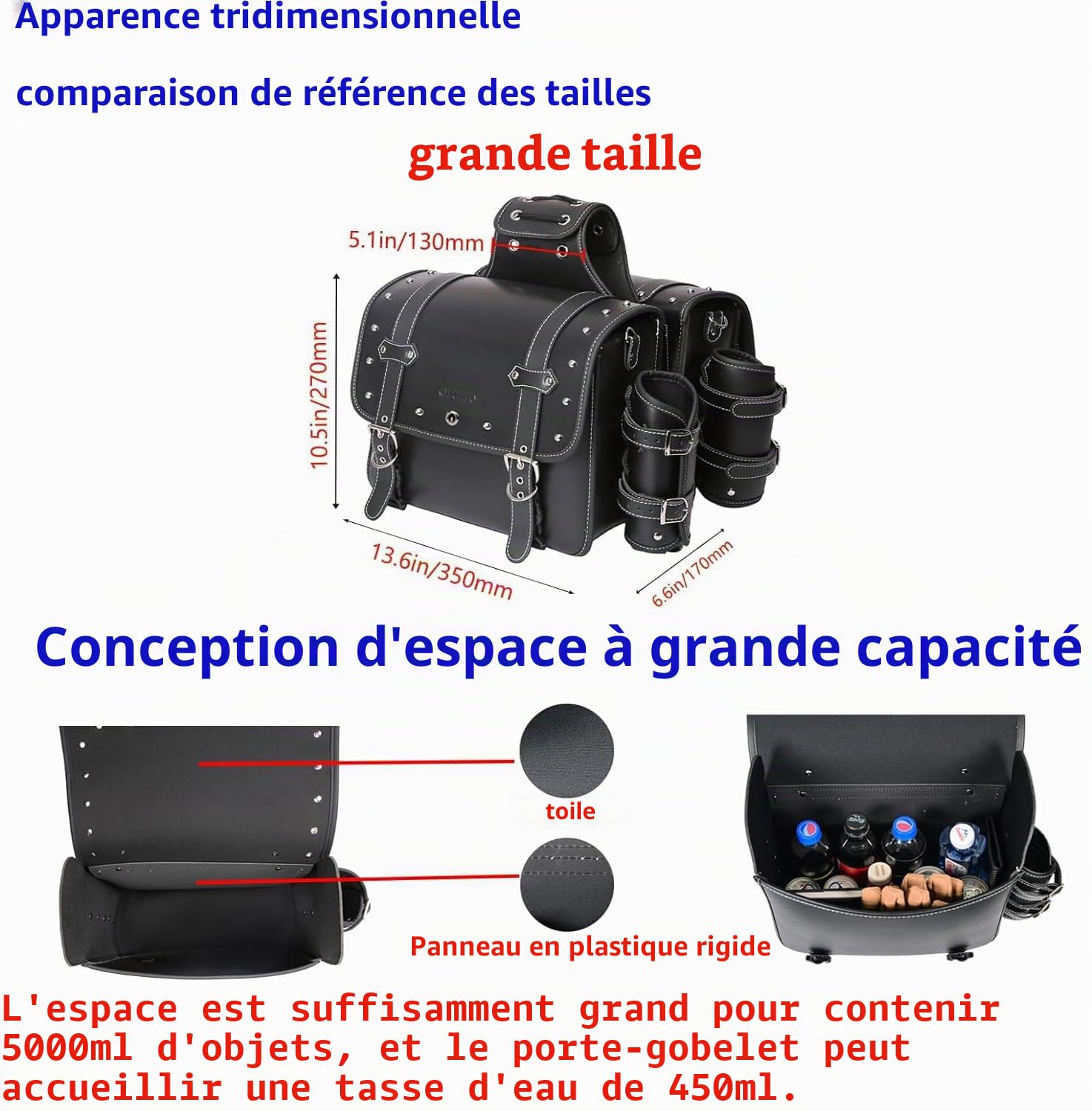 Sacoches de Moto en Cuir Haute densité avec Porte-gobelet, imperméable, Sac à Outils latéral, Sac de Rangement pour Moto, Universel, 1 Paire, Taille L (Noir)