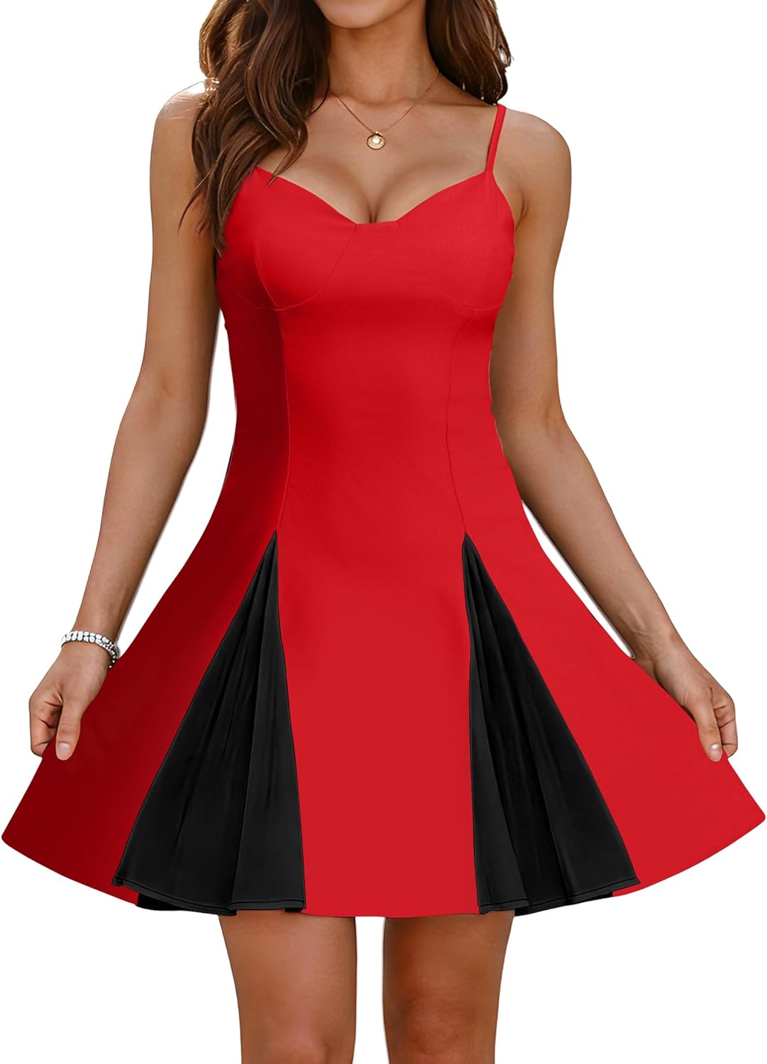 Women's Sexy Sweetheart Neck Sleeveless Mesh Color Block A-Line Flared Party Short Dress