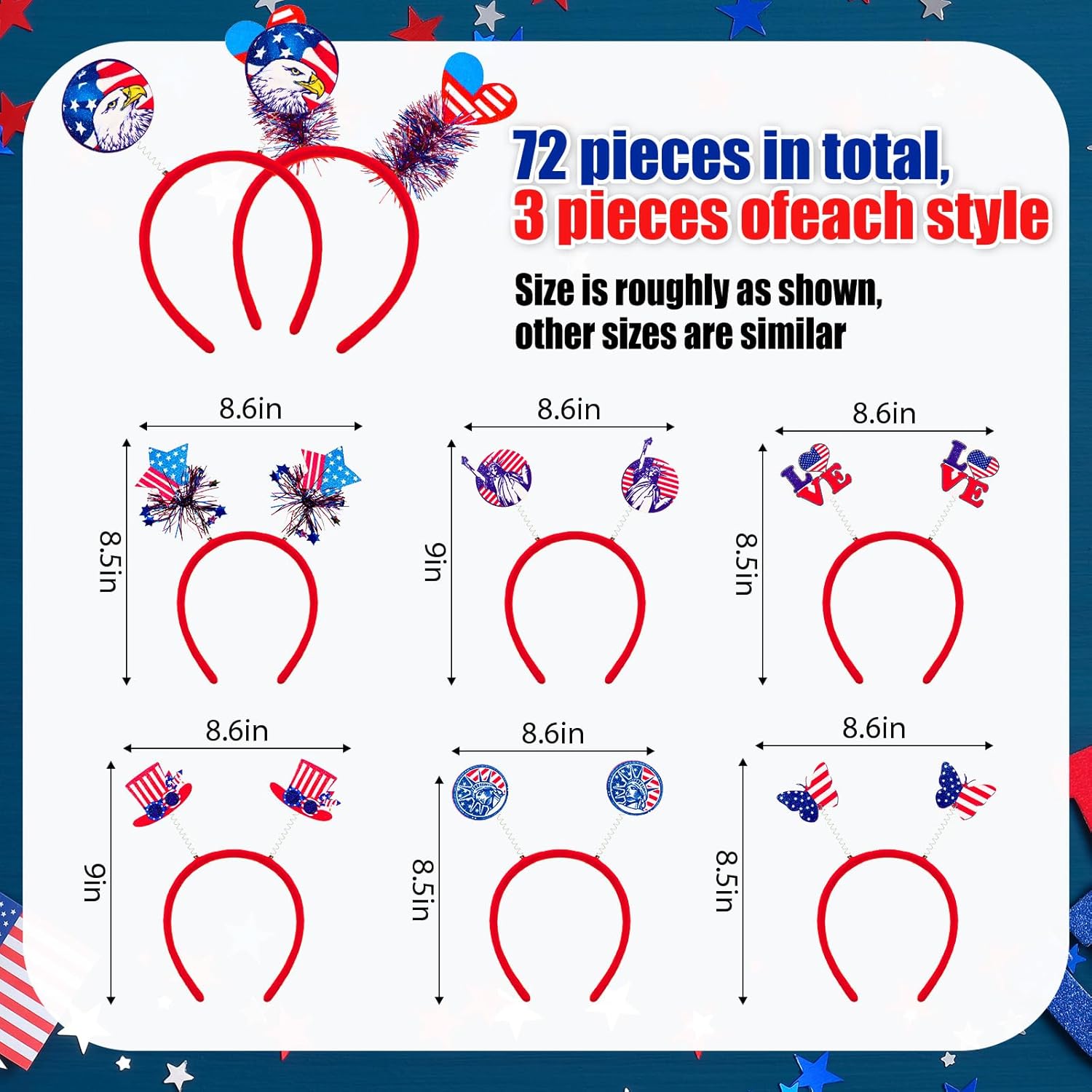Wavwavw 72 Pcs Patriotic Head Boppers Headband Independence Day American Flag Head Headband Red Blue White 4th of July Accessories for Women Parades Veterans Day Accessories Favors