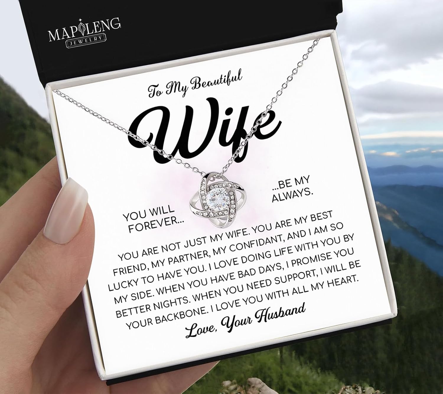 To My Wife Necklace Gift – Love Knot Jewelry for Wife from Husband – Romantic Anniversary, Birthday, Valentine, Christmas – Meaningful Forever Love Gift with Message Card