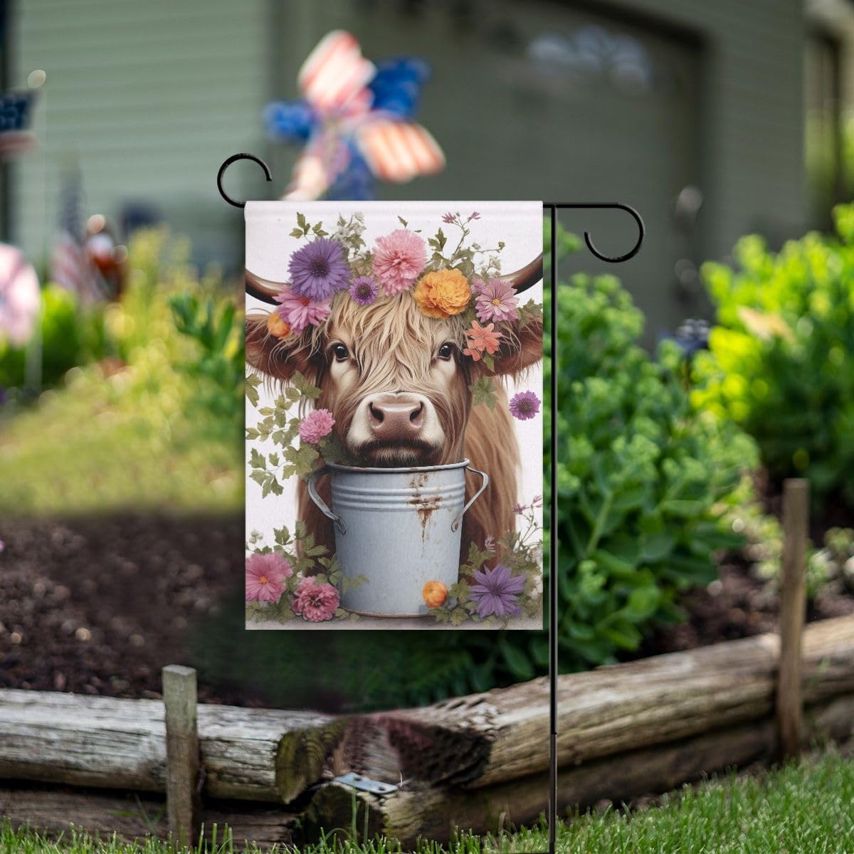 Highlands Cow and Flowers Festival Garden Flags for Outside 28 x 40 Inch Large Double Sided Yard Flag