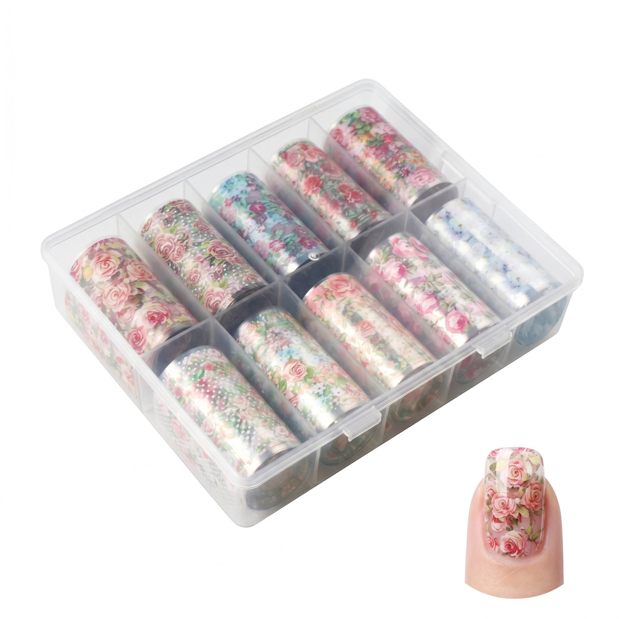 Fogli per Unghie Trasferimento Motivo Rose, Nail Foil Transfer Sticker per Decorazioni Unghie Gel e Manicure Fai da Te, Pellicola Floreale per Nail Art, 10 Rotoli (3.8cm x 100cm)