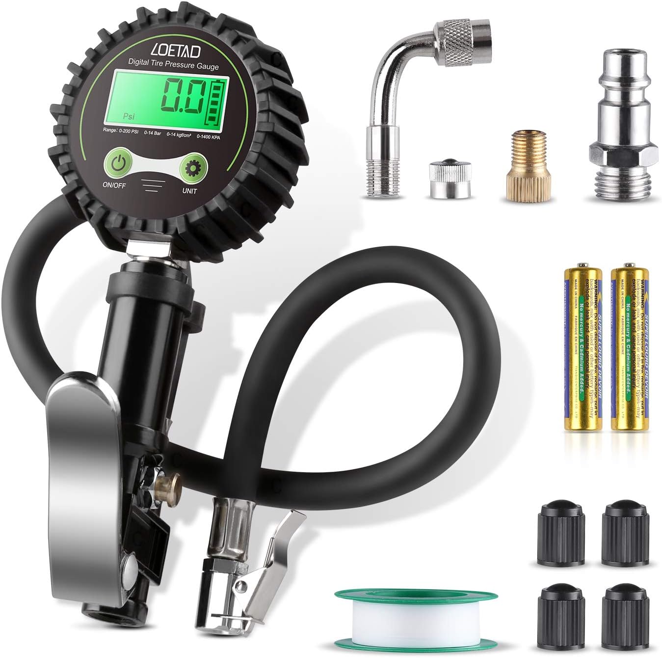 LOETAD Digital Tire Inflator with Pressure Gauge 200PSI Tire Pressure Gauge Inflator Deflator Compressor Accessories (200PSI Tire Inflator)