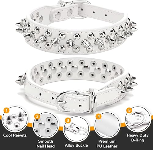 Miniatura 3 de PETCARE Collar de perro con pinchos, de piel sintética suave, color blanco, con diseño de hongos, remache, tachuelas, collar ajustable para perros