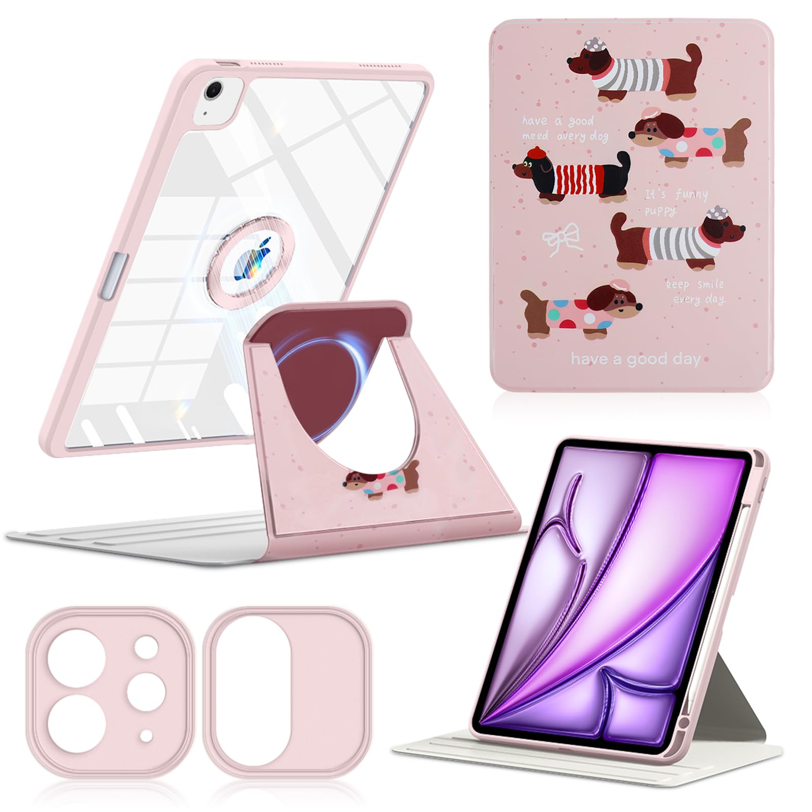 ShinKin 保護ケース iPad Air 13 インチ (M4 2026 / M3 2025 / M2 2024) 対応 360度回転 分離型 取り外し可能な マグネットカバー TPU素材 +PC透明 ケース 磁石吸着 ペン収納 手帳型 耐衝撃 軽量 薄型 タブレットケース - (ピンク-1)