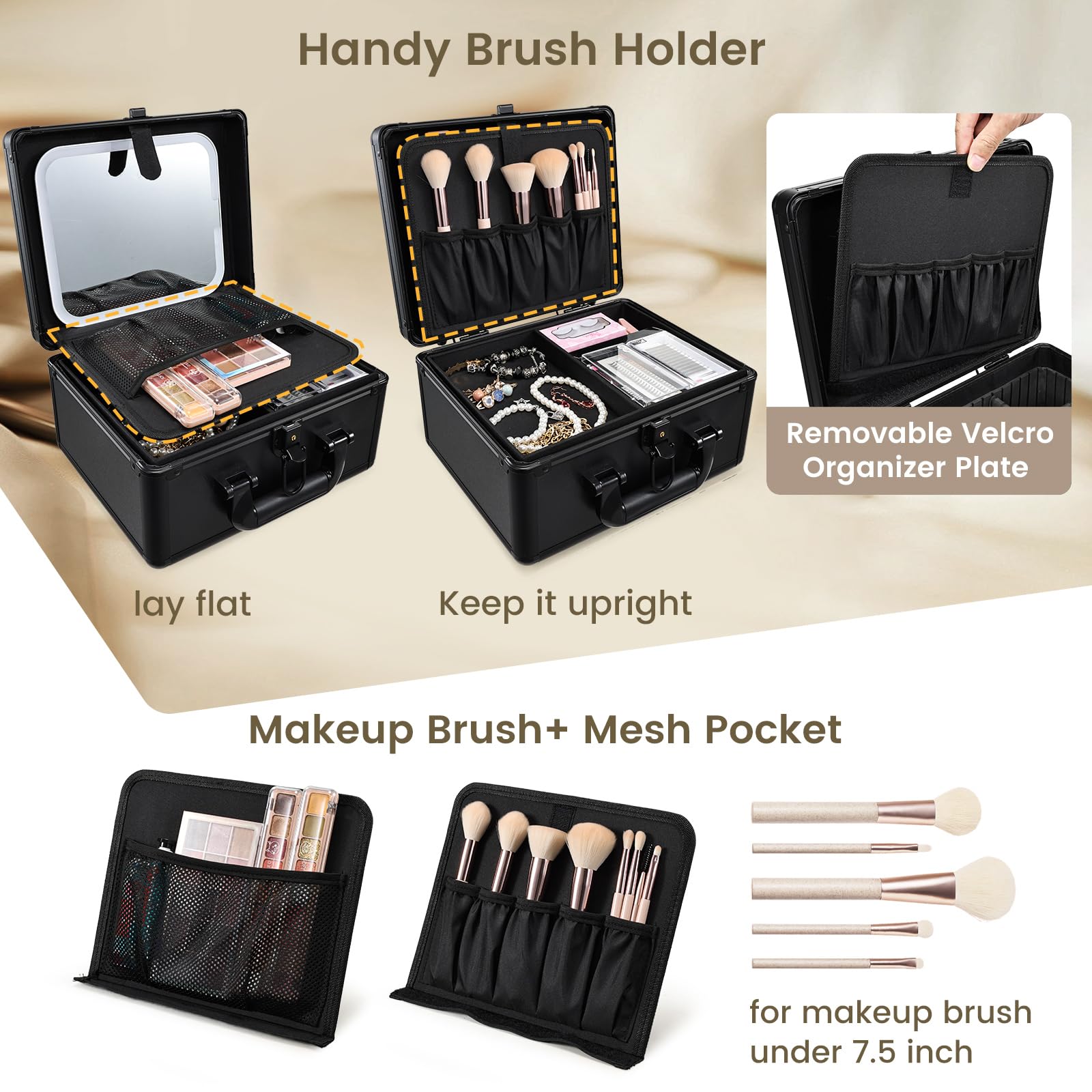 Vanity Case - Beauty case portatile per truccatori, con divisori regolabili e porta pennelli da trucco, nero
