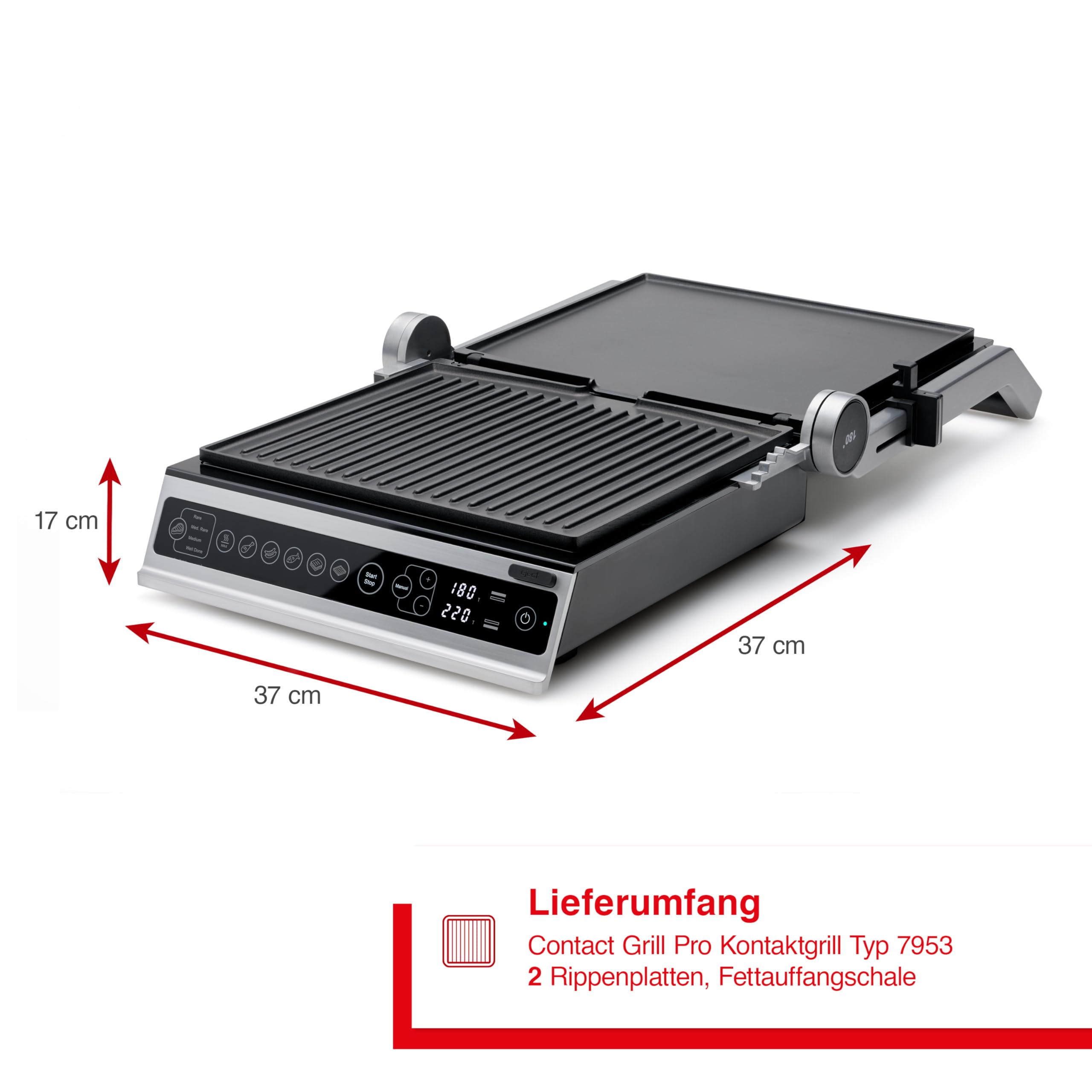 Solis Contact Grill Pro (Typ 7953) Elektrogrill, Edelstahl | 180° aufklappbar, Panini Maker, Sandwich Toaster, antihaftbeschichtet, spülmaschinenfest