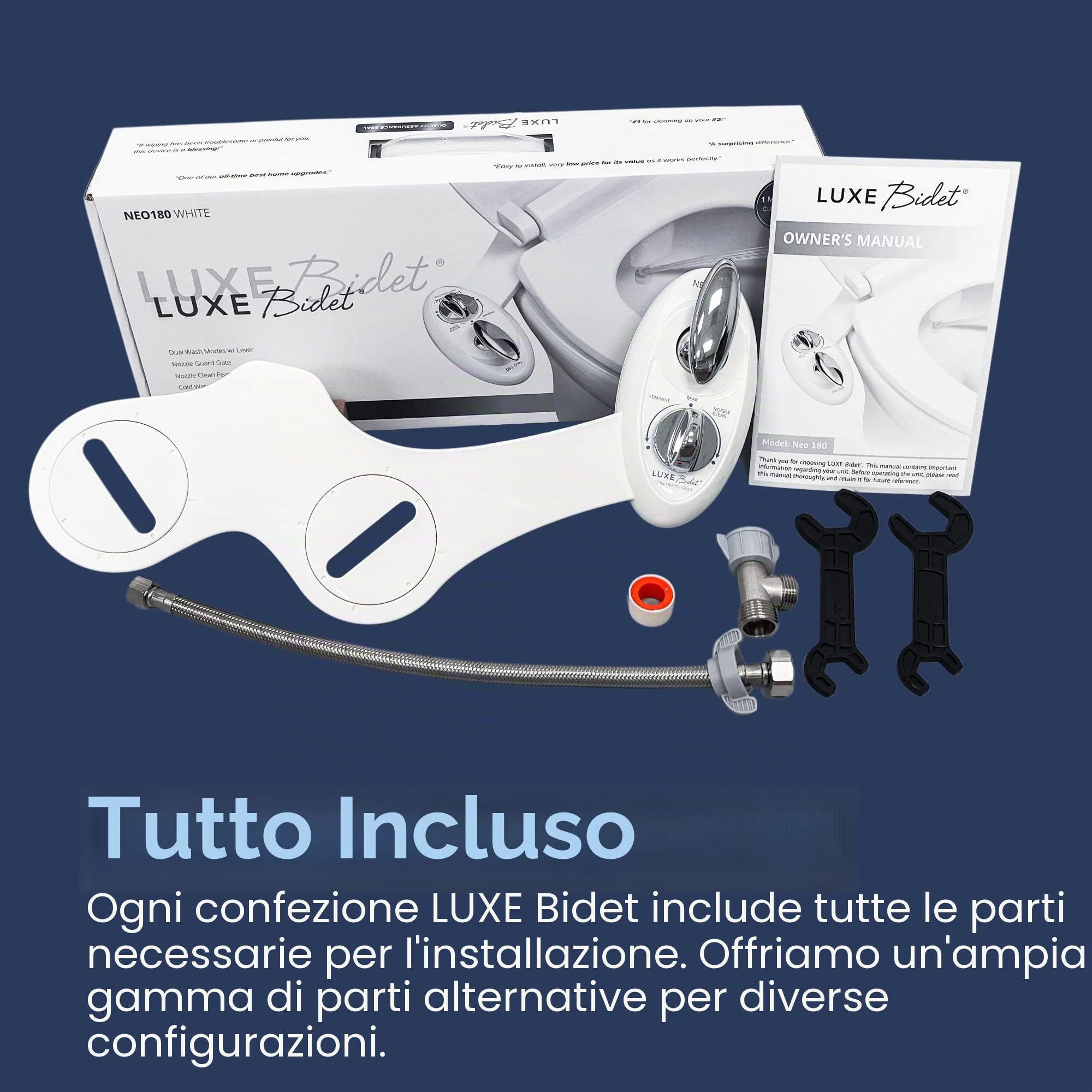 LUXE Bidet, Neo 180 Doccino bidet non elettrico per sedile WC, autopulente, doppio ugello, pressione dell'acqua regolabile, modalità di lavaggio posteriore e femminile, comando a leva (bianco)