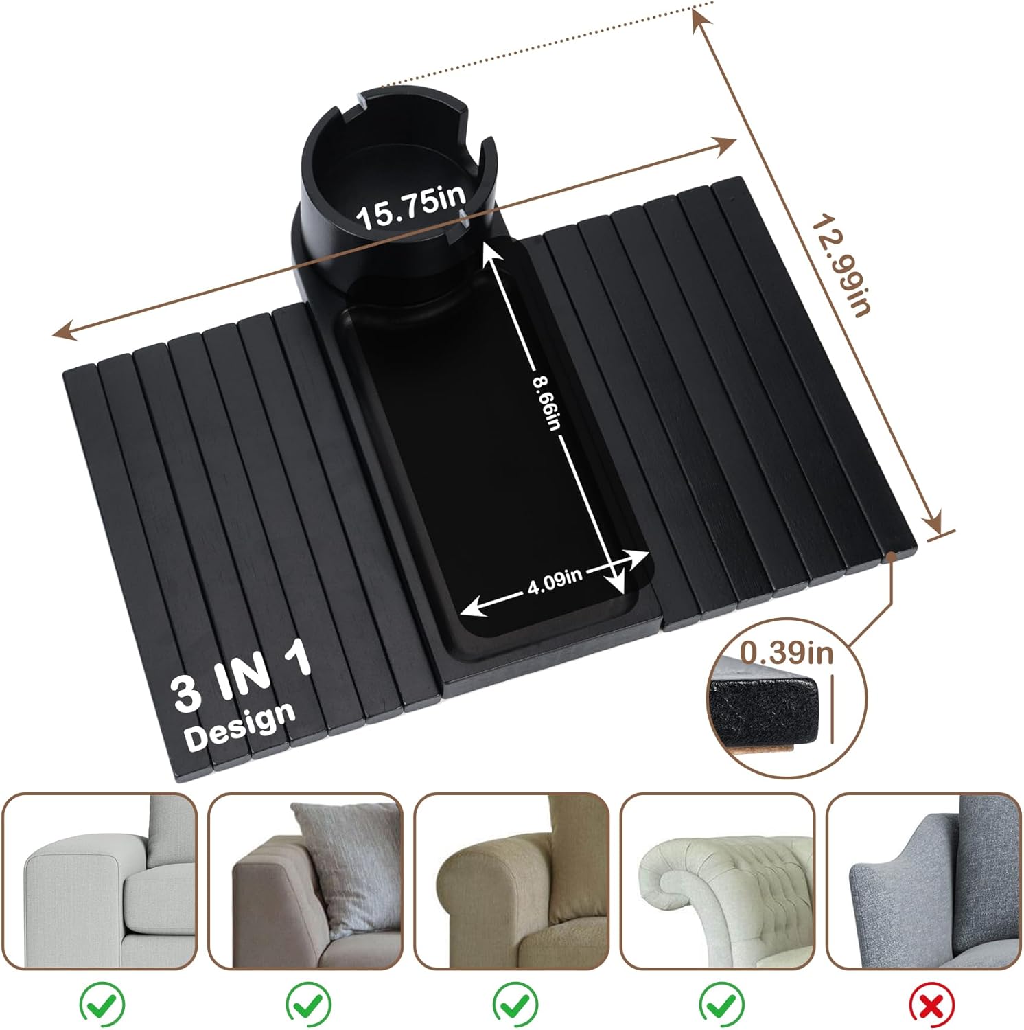 Couch Cup Holder Tray for Armrests Over 4.9" Wide, Bamboo Couch Arm Tray with 360° Rotating Phone Stand, 3 in 1 Foldable Sofa Arm Tray Table for Remote, Snacks, Phone, Drinks Black
