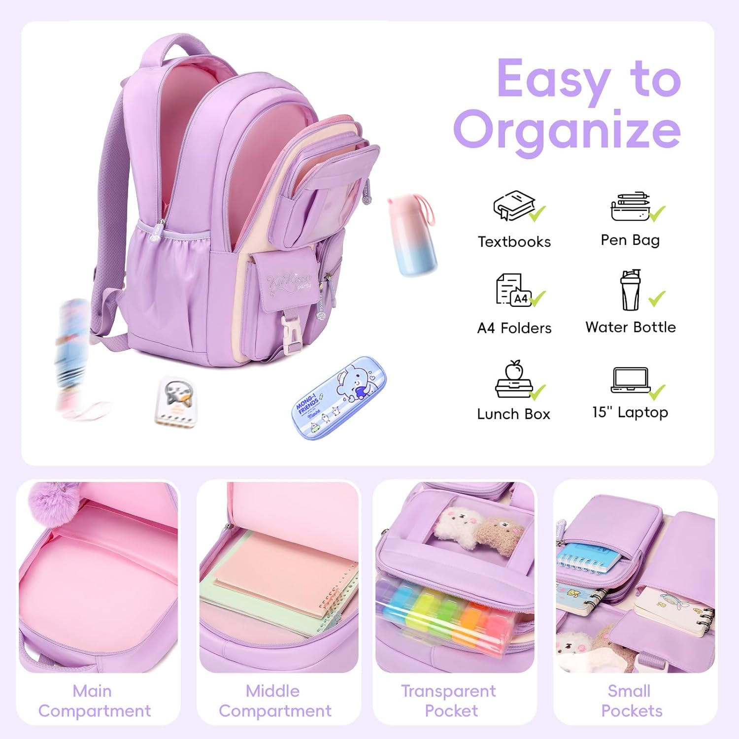 Amythe Girls Backpack with Lunch Box 3Pcs, Kawaii School Bag Set for Kid Elementary Middle School, Multi-Pocket Cute Laptop Bookbag Lightweight, Purple
