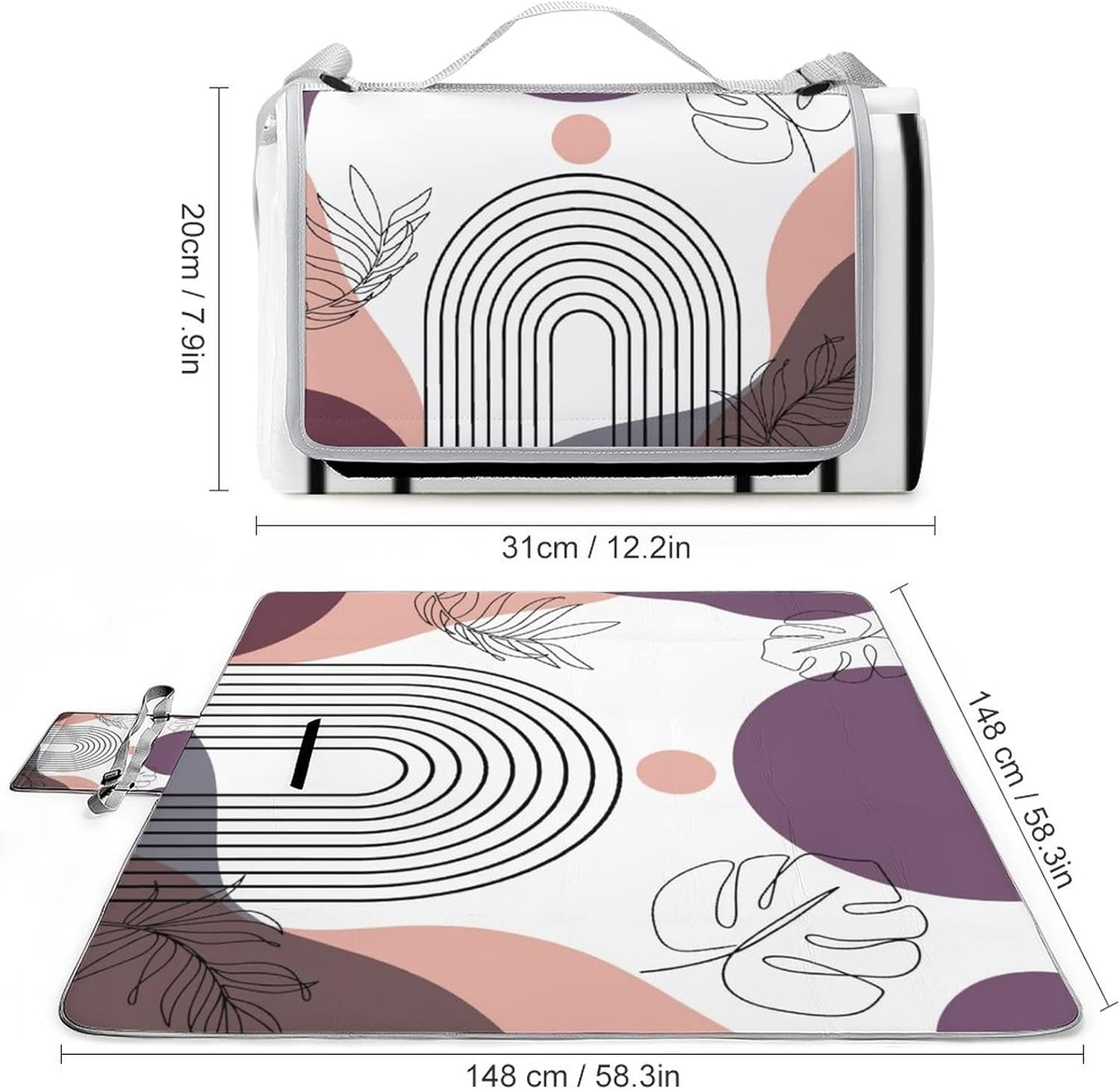 Abstract Mid Century Art PortableAnd Extra Large Picnic & Outdoor Blanket Vintage Modern Bohemia Art Leaves Arches Print for Outdoor Beach Hiking Camping on Grass Waterproof Sandproof 58.3x58.3 Inch