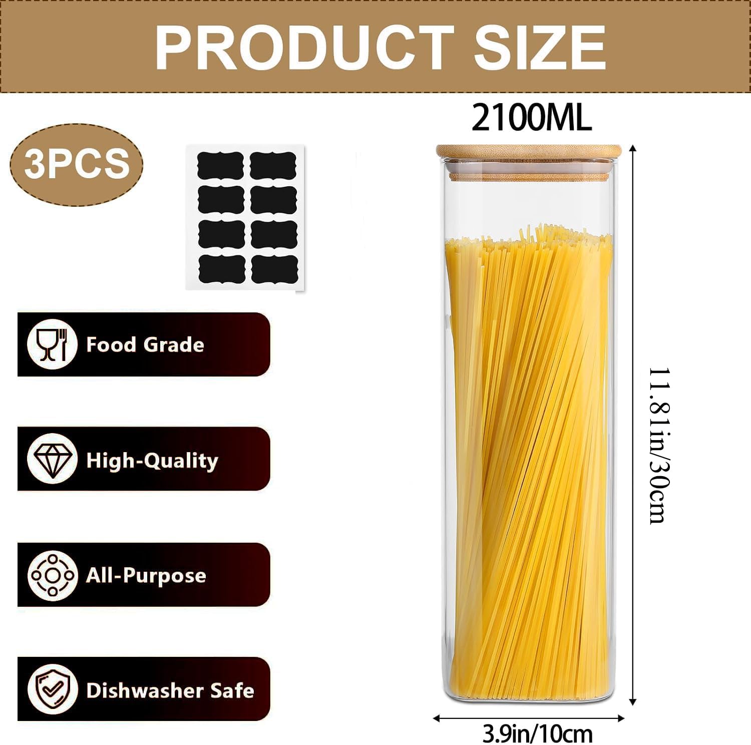 Barattoli in vetro da 2100 ml con coperchi in bambù, 3 contenitori ermetici da cucina per alimenti, cereali, set di barattoli per marmellata, pasta, spaghetti, tè, caffè, chicchi, biscotti