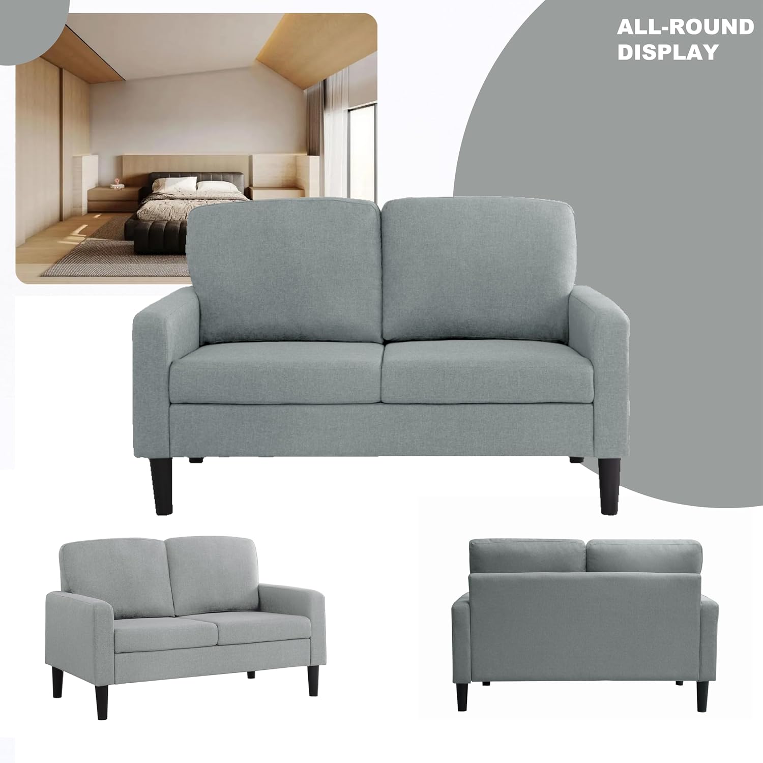 53" Loveseat Sofa Modern Small Couch Sofa, Settee Loveseat, Linen Fabric Upholstered 2-Seat Sofa Furniture, Love Seat for Small Spaces Dorm Room, Bedroom, Apartment with Wood Legs, Light Grey