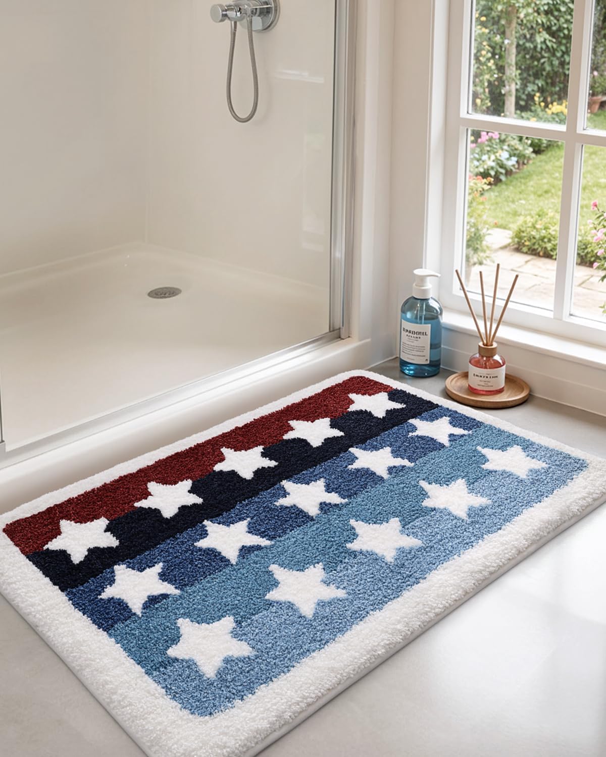 DEXI Rustic Star Bathroom Rug, 20x32 Non Slip Washable Bath Mat Absorbent, Ultra Soft Plush Microfiber Bathmat Quick Dry for Shower Floor, Tub, Sink, Colorful Stripes