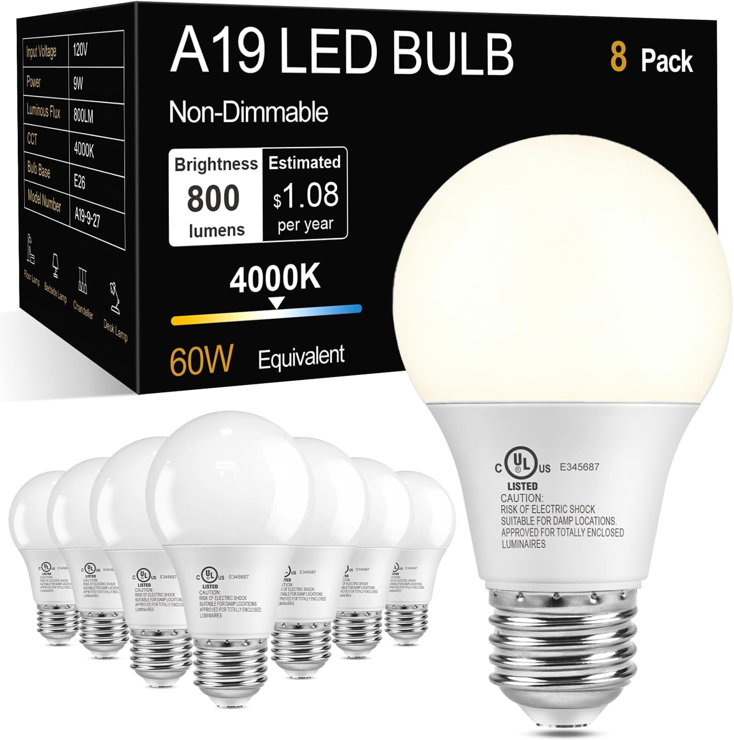 TJOY A19 LED Light Bulbs, 4000K Cool Neutral White,60W Eq,E26 Standard Base