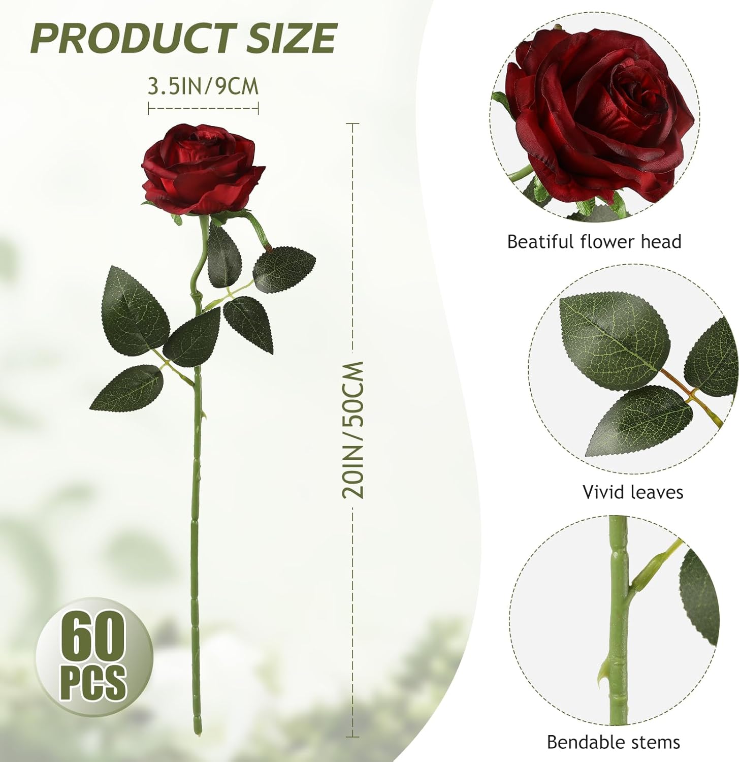 Kisflower 60 Pcs Burgundy Roses Artificial Flowers Bulk, Maroon Flowers Artificial Silk Roses with Stems for Decoration DIY Wedding Bouquet Bridal Shower Party Home Table Centerpieces Decor (Burgundy) - Image 4