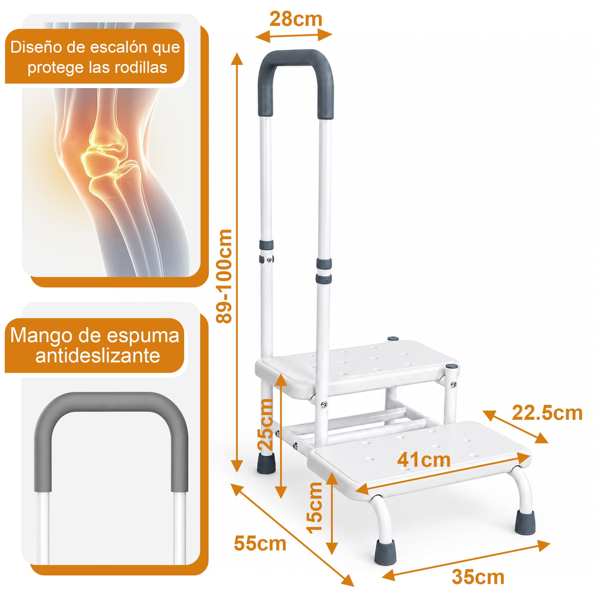 Escalera De 2 Escalones con Pasamanos Amplia Plataforma, Antideslizante Escalón Robusto Y Estable Ideal para Dormitorio Cama Bañera Y como Ayuda para Subir A Personas Mayores Embarazadas Y Adultos