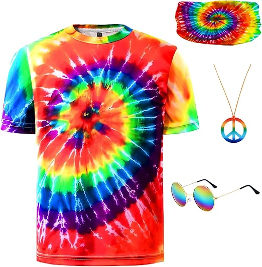 Boys 4 Pcs Hippie Costume Accessories Set 60s 70s Colorful Kids Fun Tie Dye T-Shirt for Theme Party