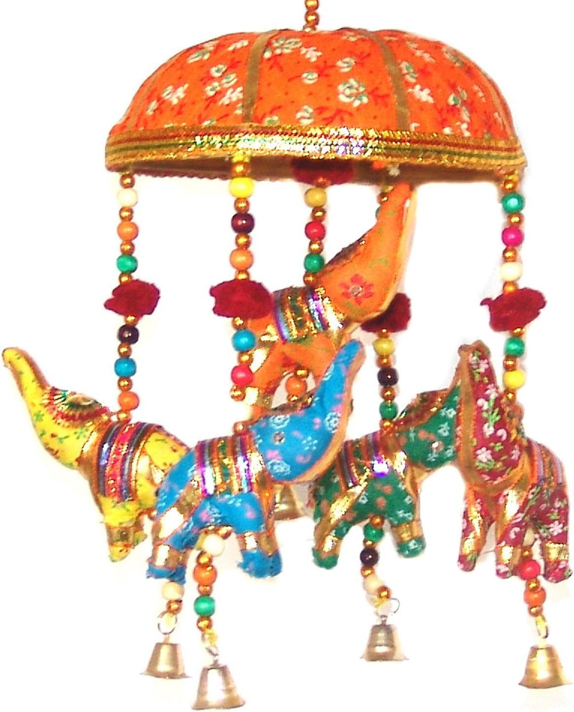 Indian Traditional Elephant Orange Umbrella Hanging Layer Of Five Elephant Door Hanging , Decorative Hanging by Rastogi Handicrafts