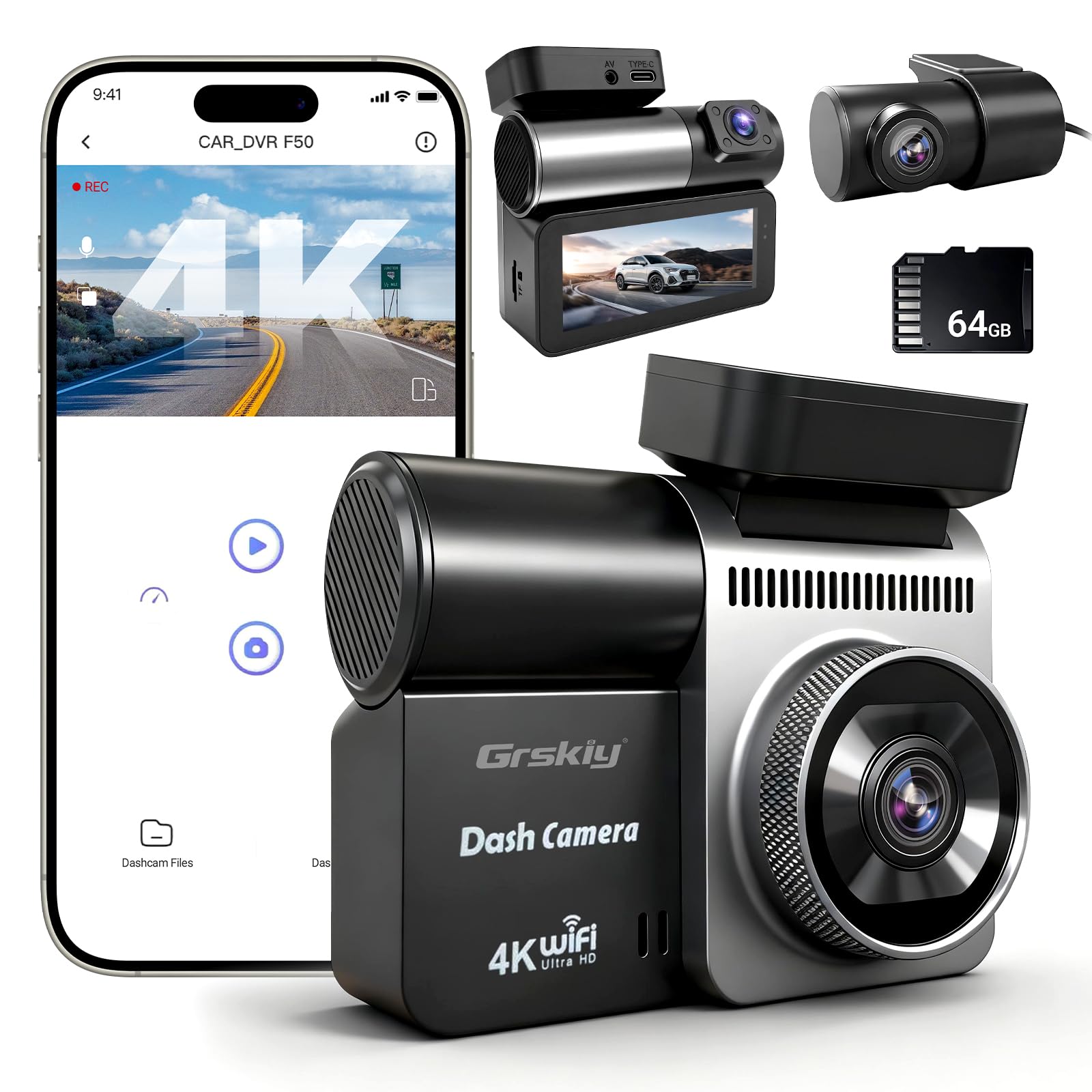 4K Dash Cam Front and Rear Inside, 3 Channel Car Dash Camera for Cars