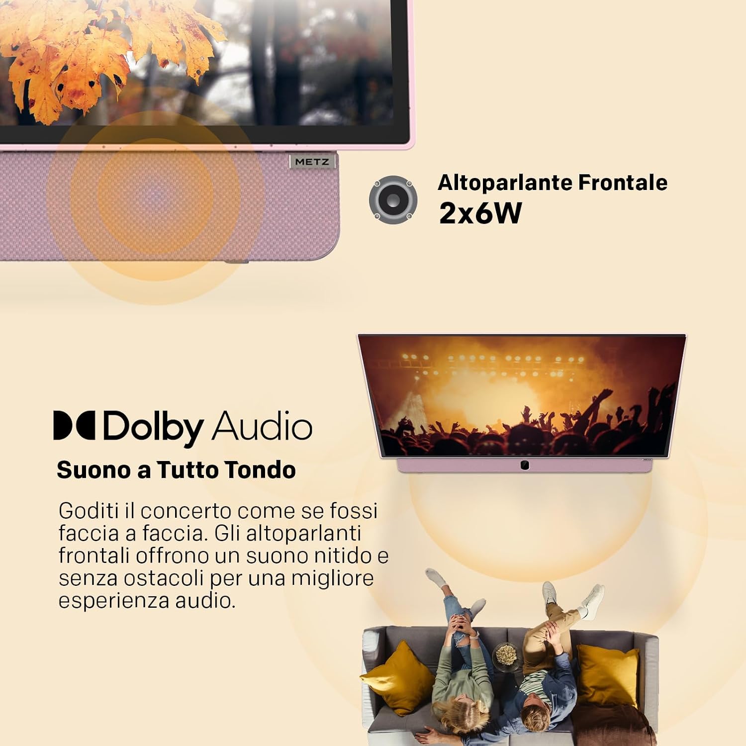 Metz MPE7300Z Portable TV with front-facing speaker and Dolby Audio logo