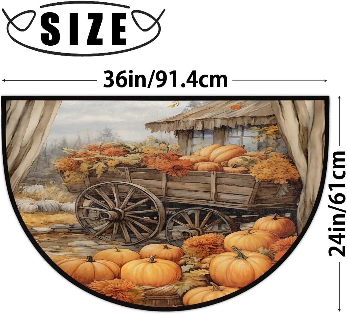 Half Round Door Mat Fall Pumpkin Retro Half Moon Rug Washable Half Circle Area Rugs Indoor Entrance Non Slip Semi Circle Bathroom Rugs Floor Carpet for Kithen Bedroom Fireplace Decor