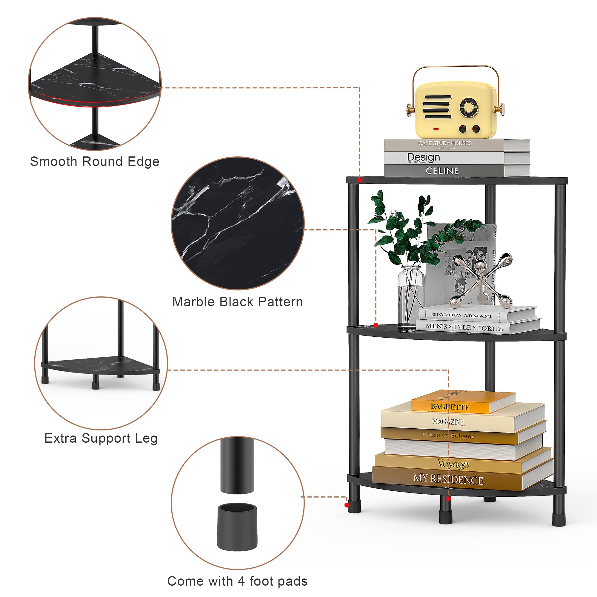 3段ラック/シェルフ マーブル Amazon｜3段コーナー Sehlf マーブル ブラック｜オープンシェルフ