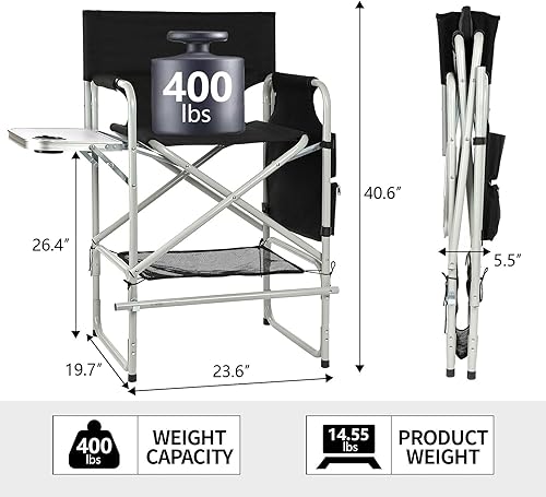Miniatura 3 de Silla de directores de 41 pulgadas, silla plegable para artistas de maquillaje para clientes con mesa auxiliar, soporte para tazas, bolsa de