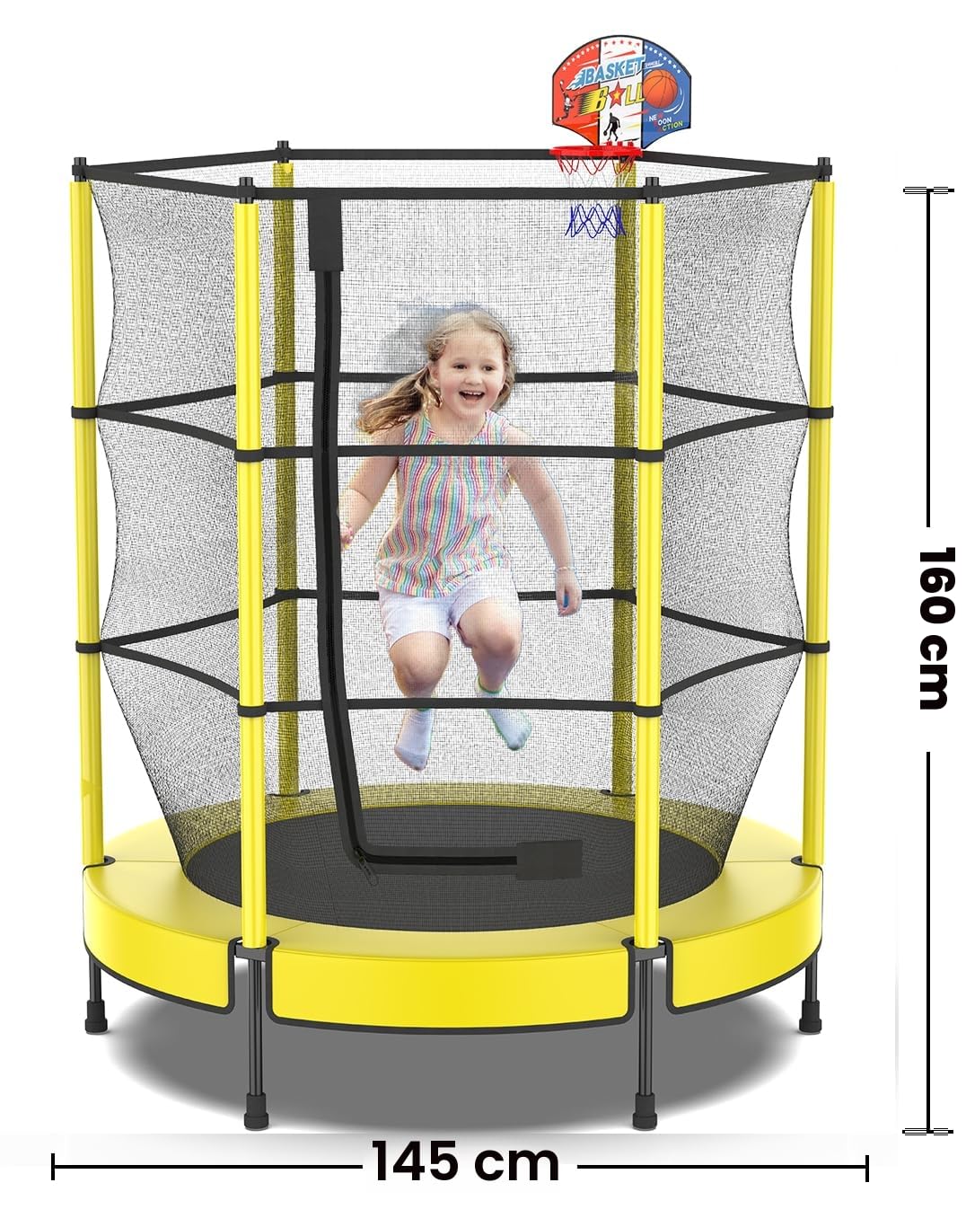 PILIN Trampolino Per Bambini Con Cesto, Trampolino Per Bambini All'Aperto ?145cm Con Molle, Rete Di Sicurezza Rialzata - Regali Di Compleanno Per Bambini e Bambine, Regali Di Natale