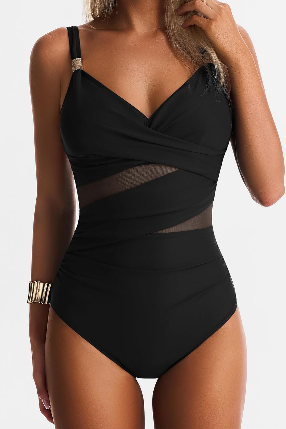 Women Mesh One Piece Swimsuit Tummy Control Sexy Bathing Suits V Neck Push Up Swimsuits Slimming Swimwear - Image 3