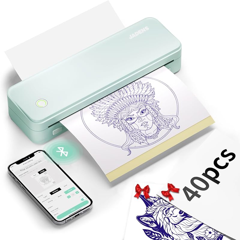 JADENS Impressora Térmica para Estêncil de Tatuagem com Bluetooth, Modelo JD116, Verde, Pacote com 40 Folhas de Papel de Transferência