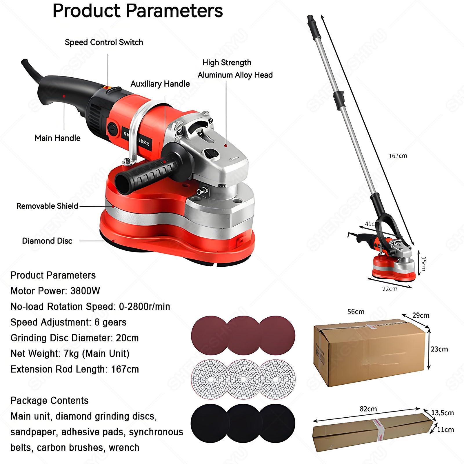 Lijadora de hormigón portátil de tres cabezales para pared y suelo con varilla de extensión y 3 discos de diamante para molienda de cemento