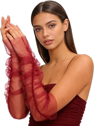 Long Tulle Gloves Ruched Fingerless Gloves Wedding Bridal Opera Sheer Tulle Stretchy Arm Sleeves for Women, 20.5Inch