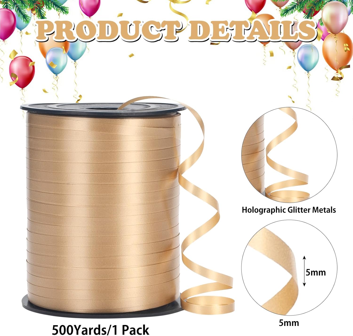 500 Yard Gold Curling Ribbon, 3/16" Thin Balloon Ribbon String, Ideal for Gift Wrapping, Birthday, Balloons, Christmas, New Year and Special Occasions Decor - Image 2