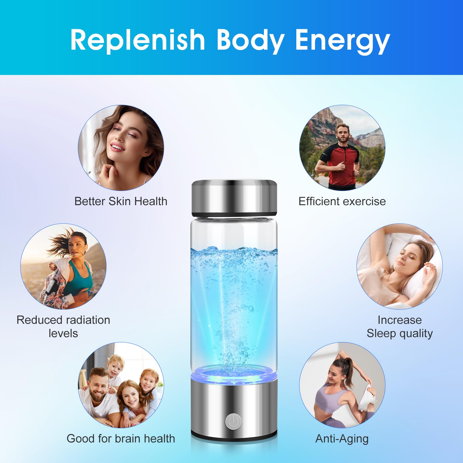 Bouteille à Eau Hydrogène, 420ML Générateur D'hydrogène, ioniseur Portable Reiches, USB Bouteille d'eau Sans Fil, générateur d'eau à eau Pem Technologie pour les voyages à domicile