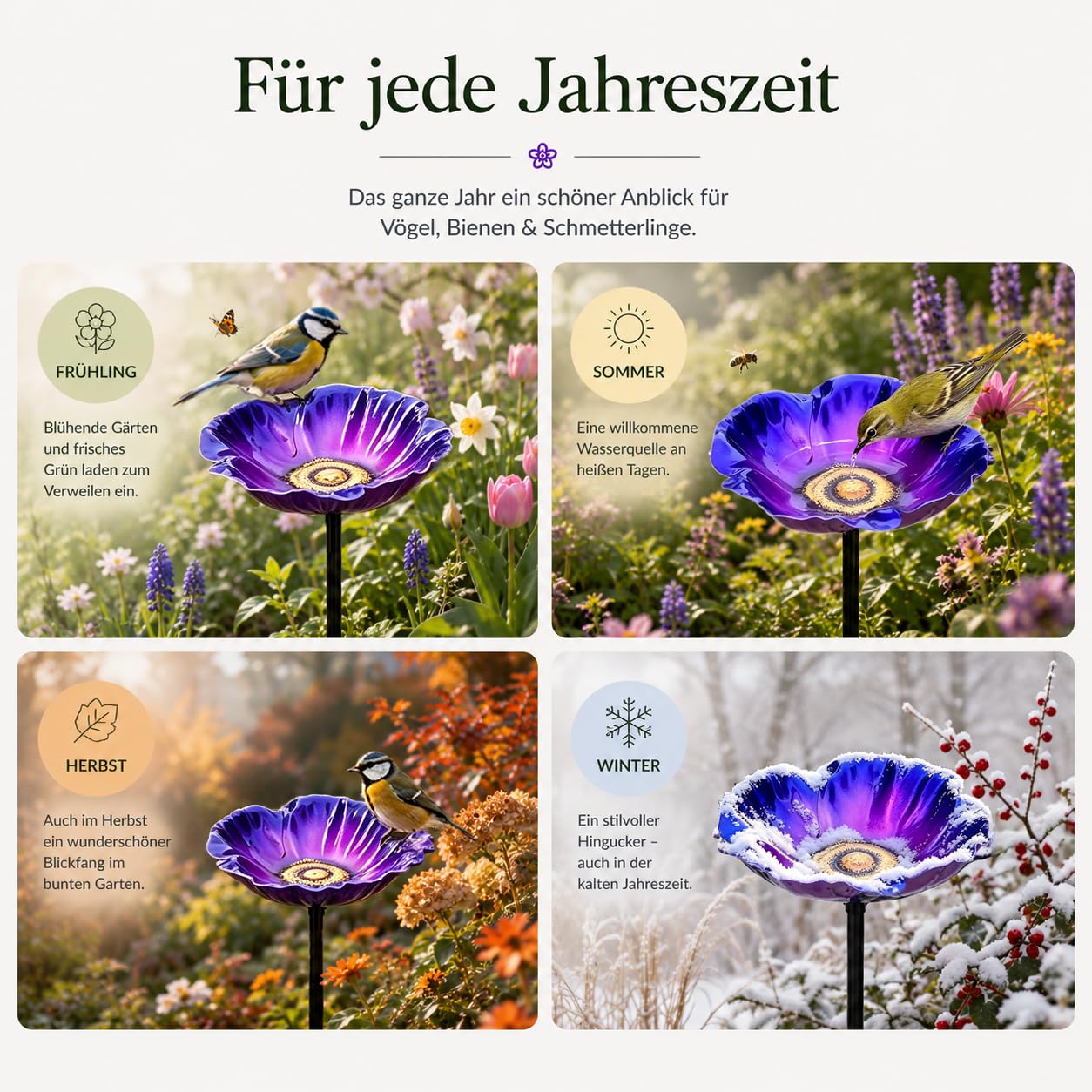 Vogeltränke Blume mit Gartenstecker aus Metall, Ø 5.1 inch,dekorative Bienentränke & Insektentränke für Garten, Balkon und Terrasse, wetterfest, 4 Farben (Lila+Gelb)