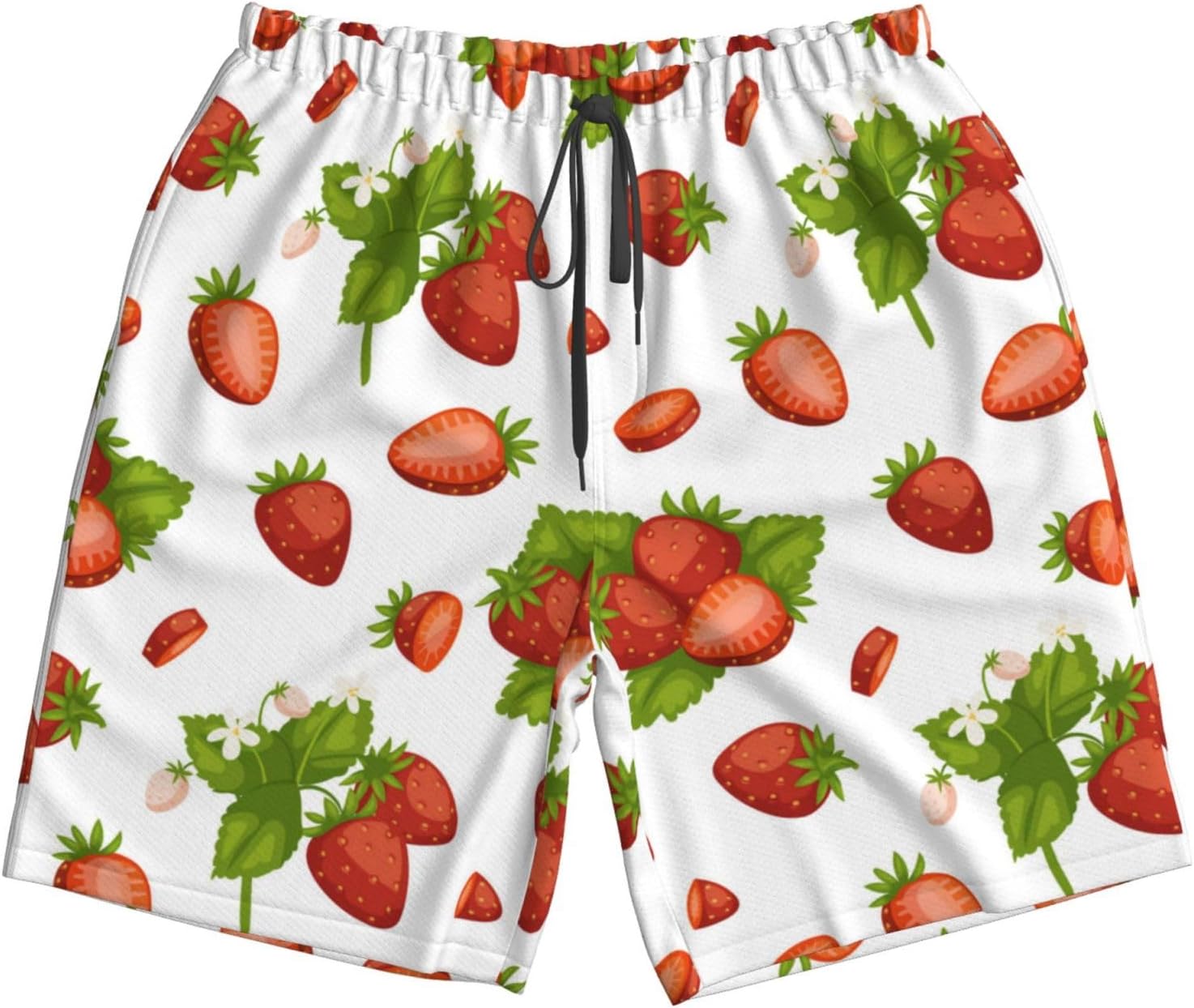 Cartoon Fresh Strawberries Fruits White Men's Swim Trunks Board Swim Shorts Swimwear Men's Beach Shorts L