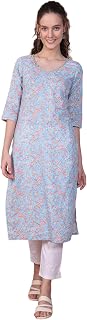 Aurelia Women's Blue Botanical Printed Pure Cotton Straight Kurta