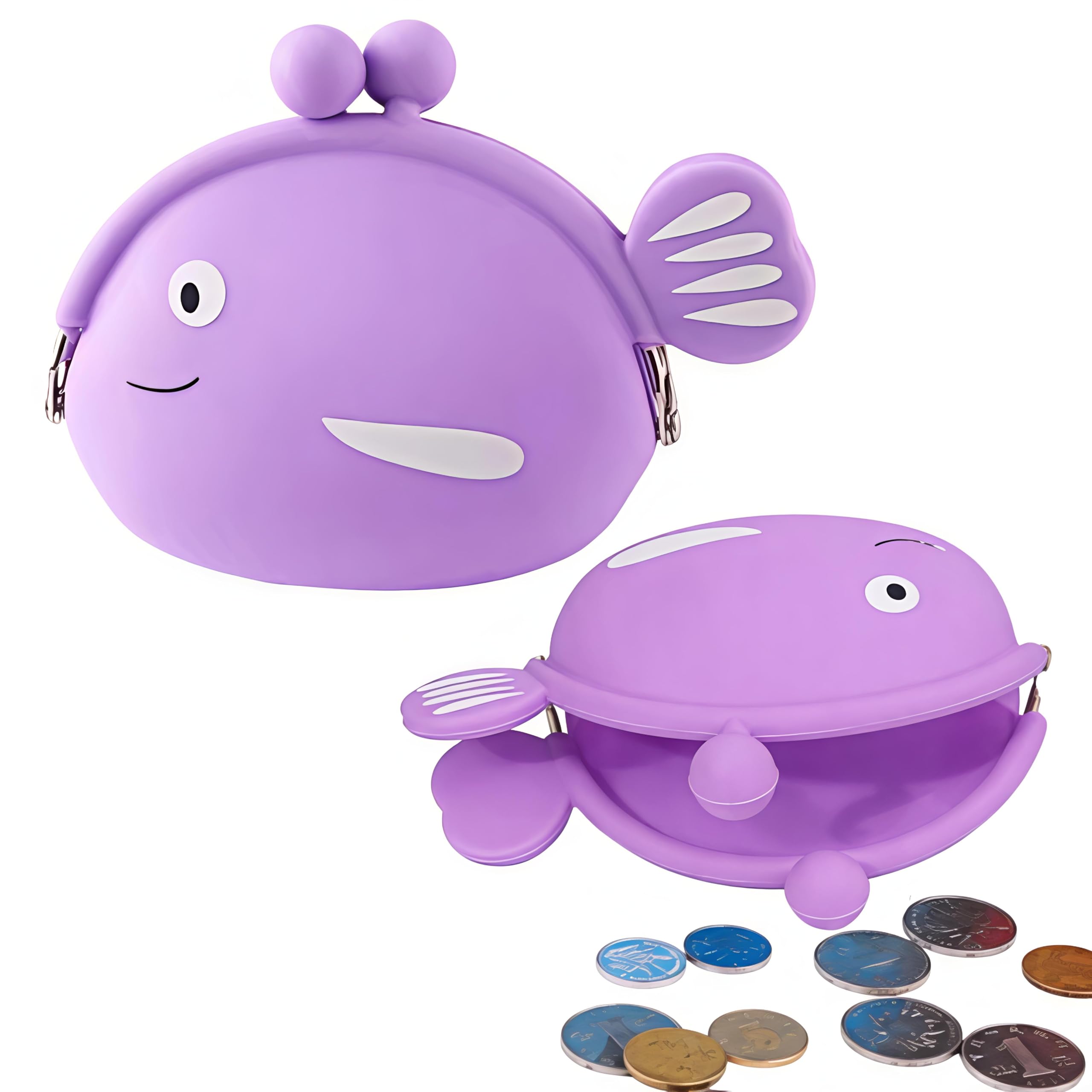 funblast Cute Fish Shape Silicone Coin Purse for Kids & Adults – Mini Pouch for Coins, Earphones, Keys & Small Essentials, Aesthetic Pouches for Girls & Women - 12 X 9.5 X 3 Cm (Purple)-picture-10