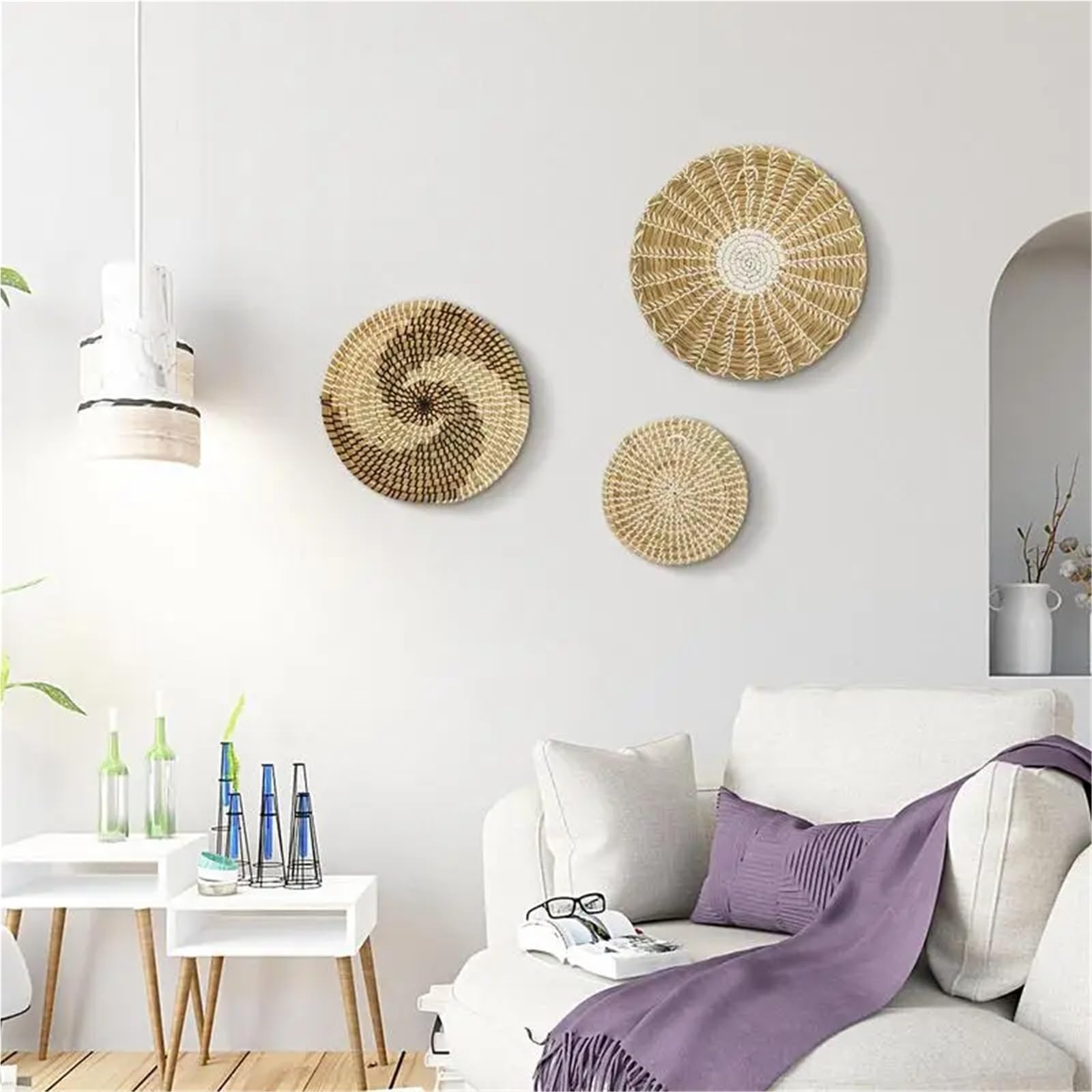 Cesta de pared de ratán Decoración De Pared Algas Marinas, Cesta Redonda Mimbre, Artesanías, Marco Colgante Tejido A Mano, 3 Uds
