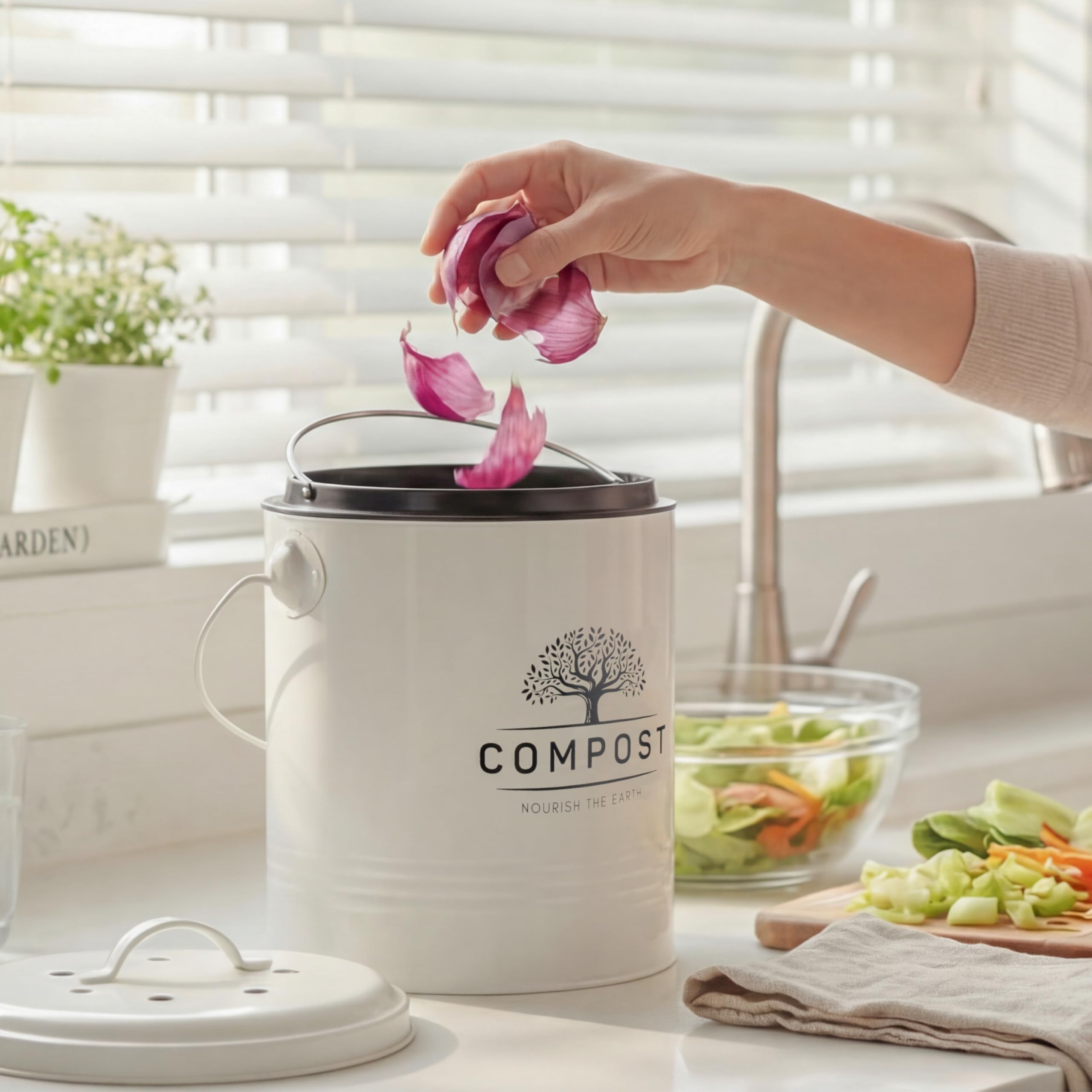 Perfnique Bac à Compost de Cuisine, bac à Compost de comptoir de 5 litres avec Couvercle, Seau à Compost intérieur avec Doublure intérieure et Filtre à Charbon, Petit bac à Compost