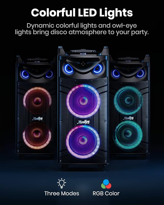 Moukey MK3024 Karaoke Rendszer 2x26cm Mélynyomóval, Bluetooth Hangszóró Fényeffektekkel, 2 Mikrofonnal, Újratölthető Akkumulátorral, TWS/USB